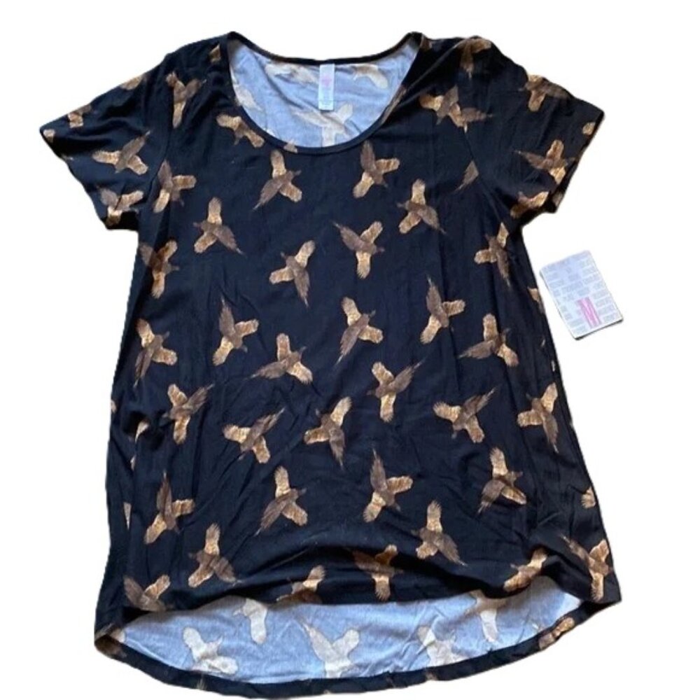 LuLaRoe Classic T Medium Tunic Top Birds Pheasants Black Gold High Low‎ Hem